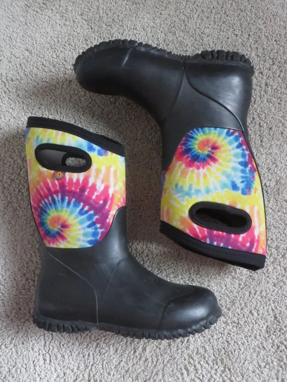 Bogs Kids Rain/Snow Boots Size 2 Youth Black With Multicolor Tie-Dye Cuff